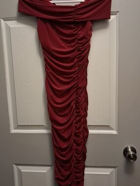Fashion Nova Ruched Off-Shoulder Dress in Burgundy